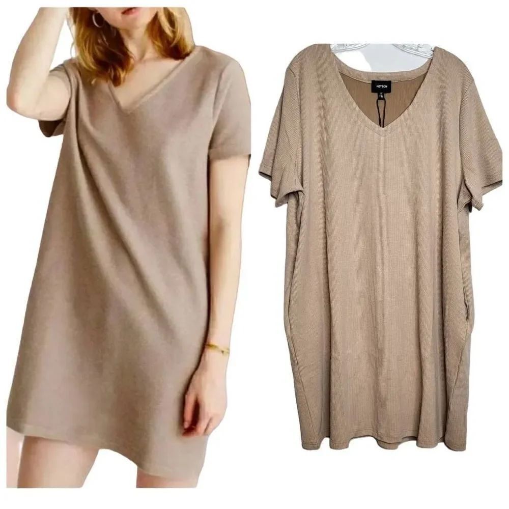 Heyson Ribbed Tan V Neck Short Sleeves Pockets Dress Size 1X